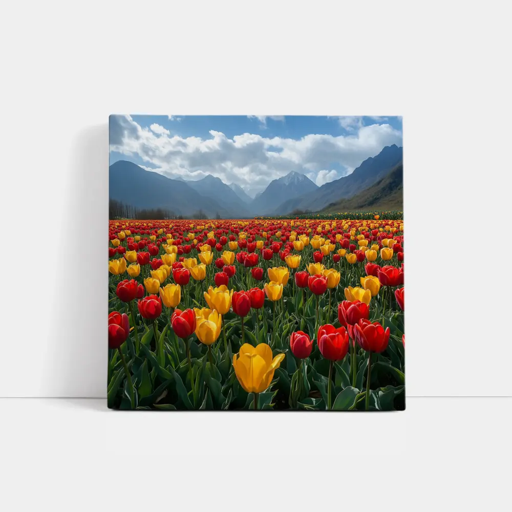 Red Yellow Tulips Field Mountain Background – Wall Art