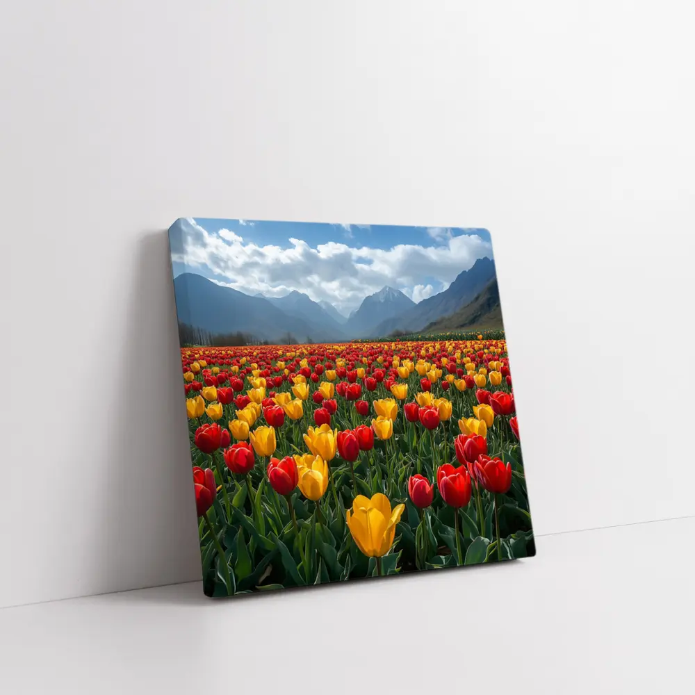 Red Yellow Tulips Field Mountain Background – Wall Art