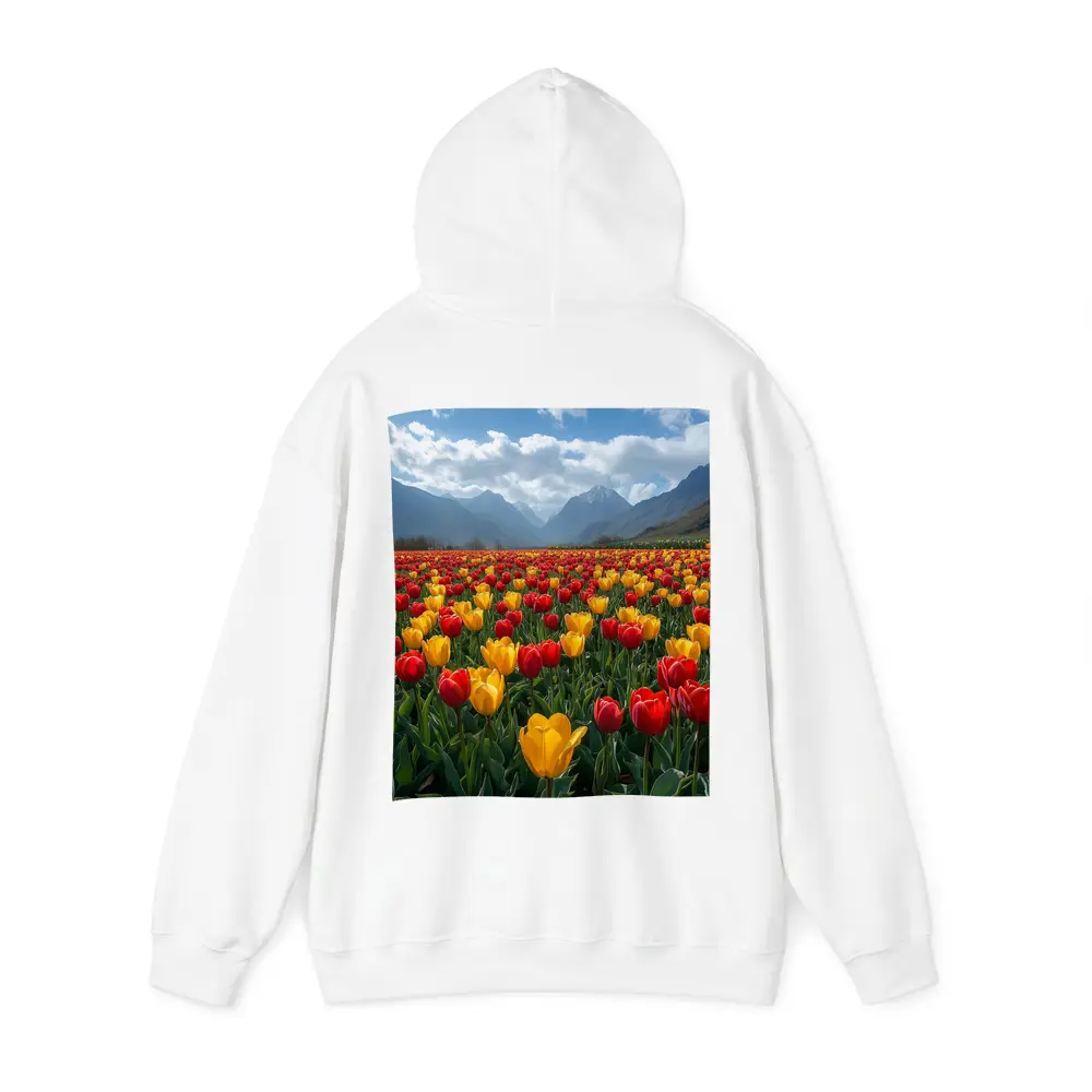 Red Yellow Tulips Field Mountain Background – Hoodies