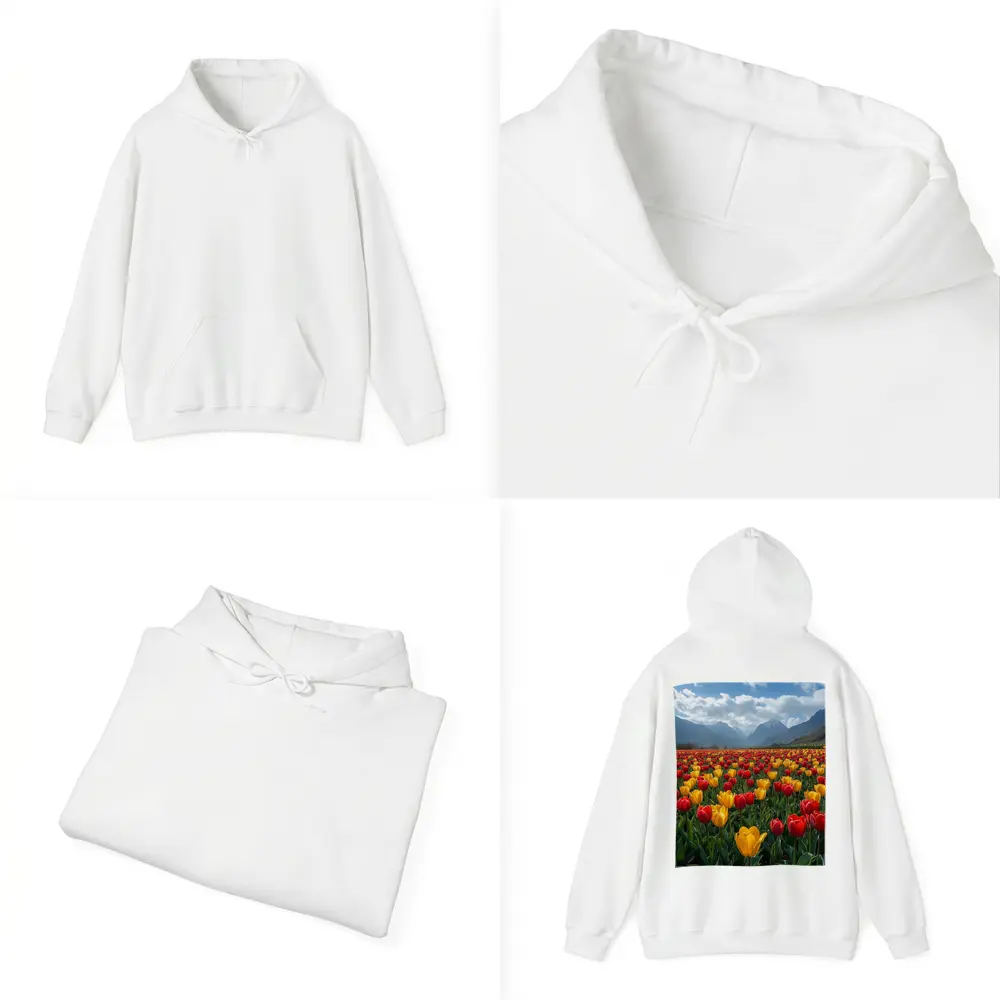 Red Yellow Tulips Field Mountain Background – Hoodies