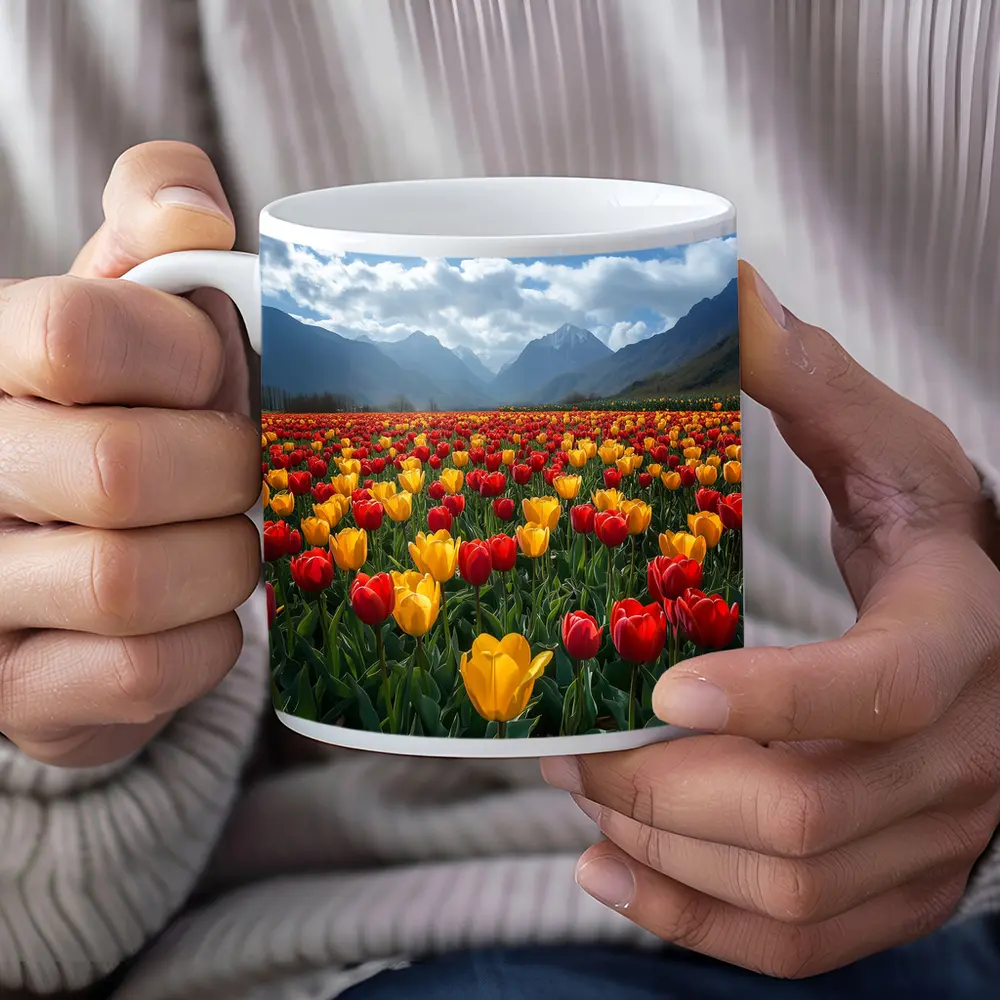 Red Yellow Tulips Field Mountain Background – Mugs
