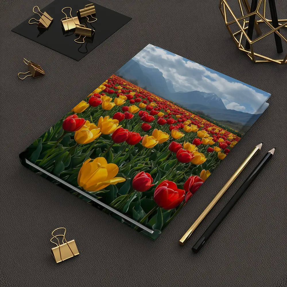 Red Yellow Tulips Field Mountain Background – Notebooks