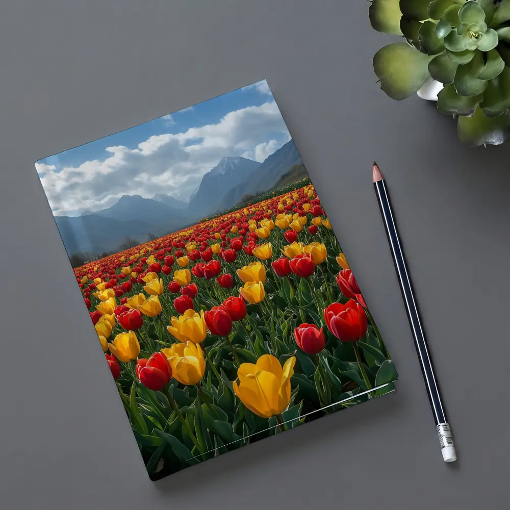 Red Yellow Tulips Field Mountain Background – Notebooks