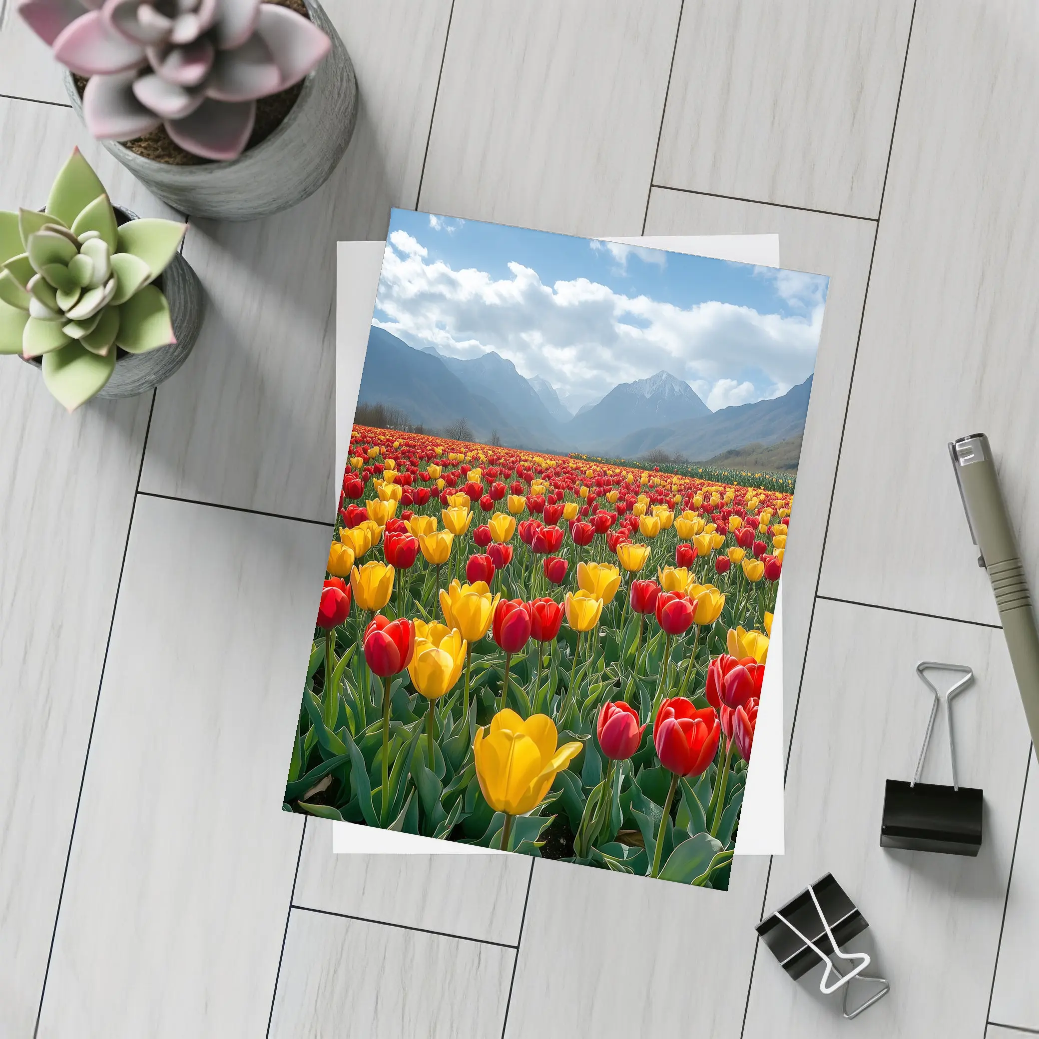 Red Yellow Tulips Field Mountain Background – Postcards