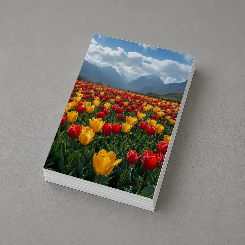 Red Yellow Tulips Field Mountain Background – Postcards