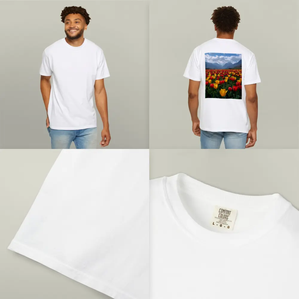 Red Yellow Tulips Field Mountain Background – T-Shirts