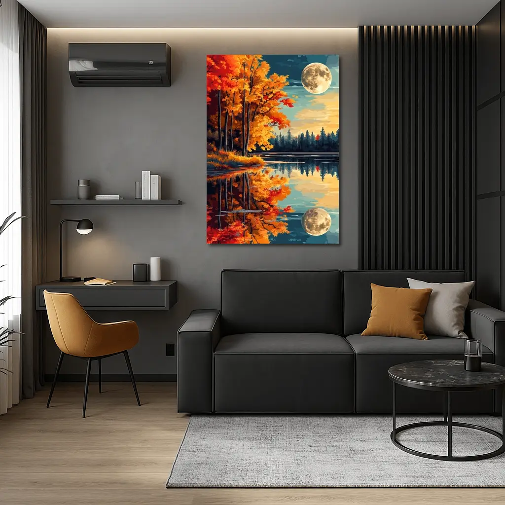 Autumn Lake Reflection Full Moon Night – Wall Art