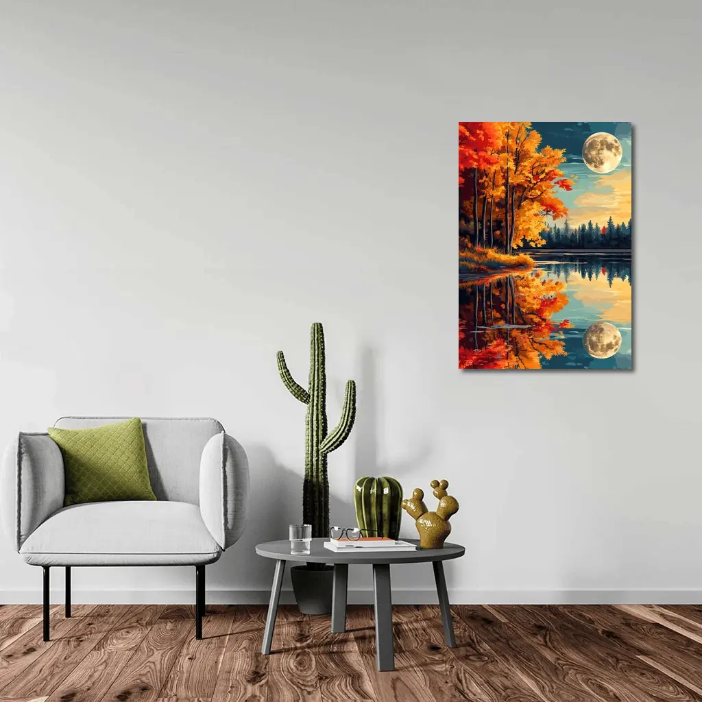 Autumn Lake Reflection Full Moon Night – Wall Art