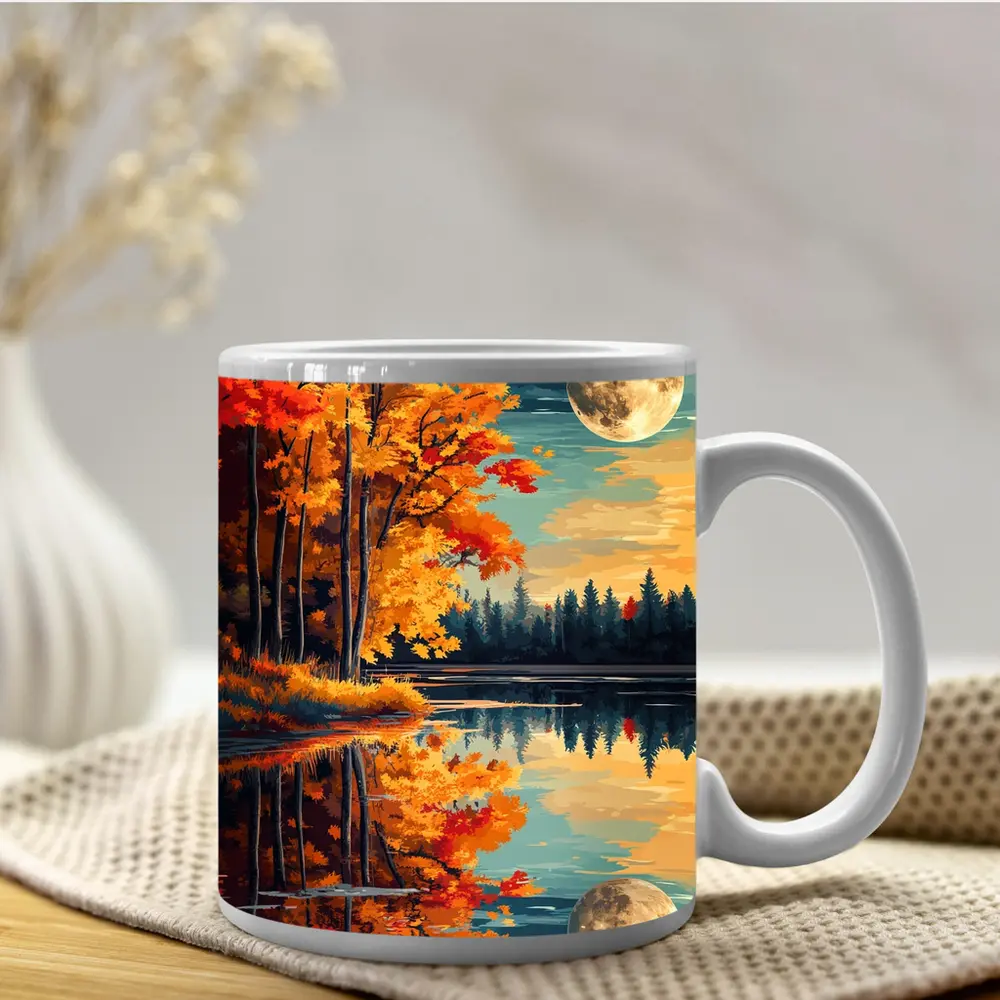 Autumn Lake Reflection Full Moon Night – Mugs