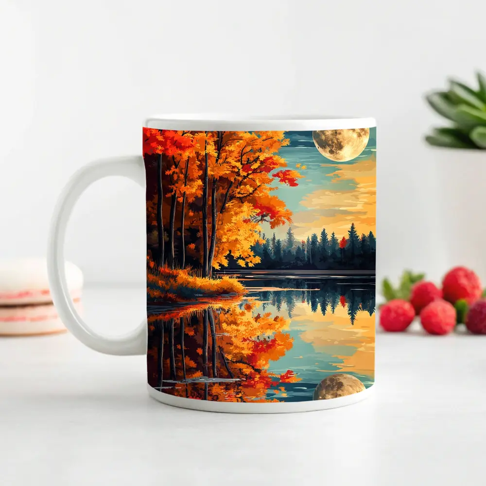 Autumn Lake Reflection Full Moon Night – Mugs