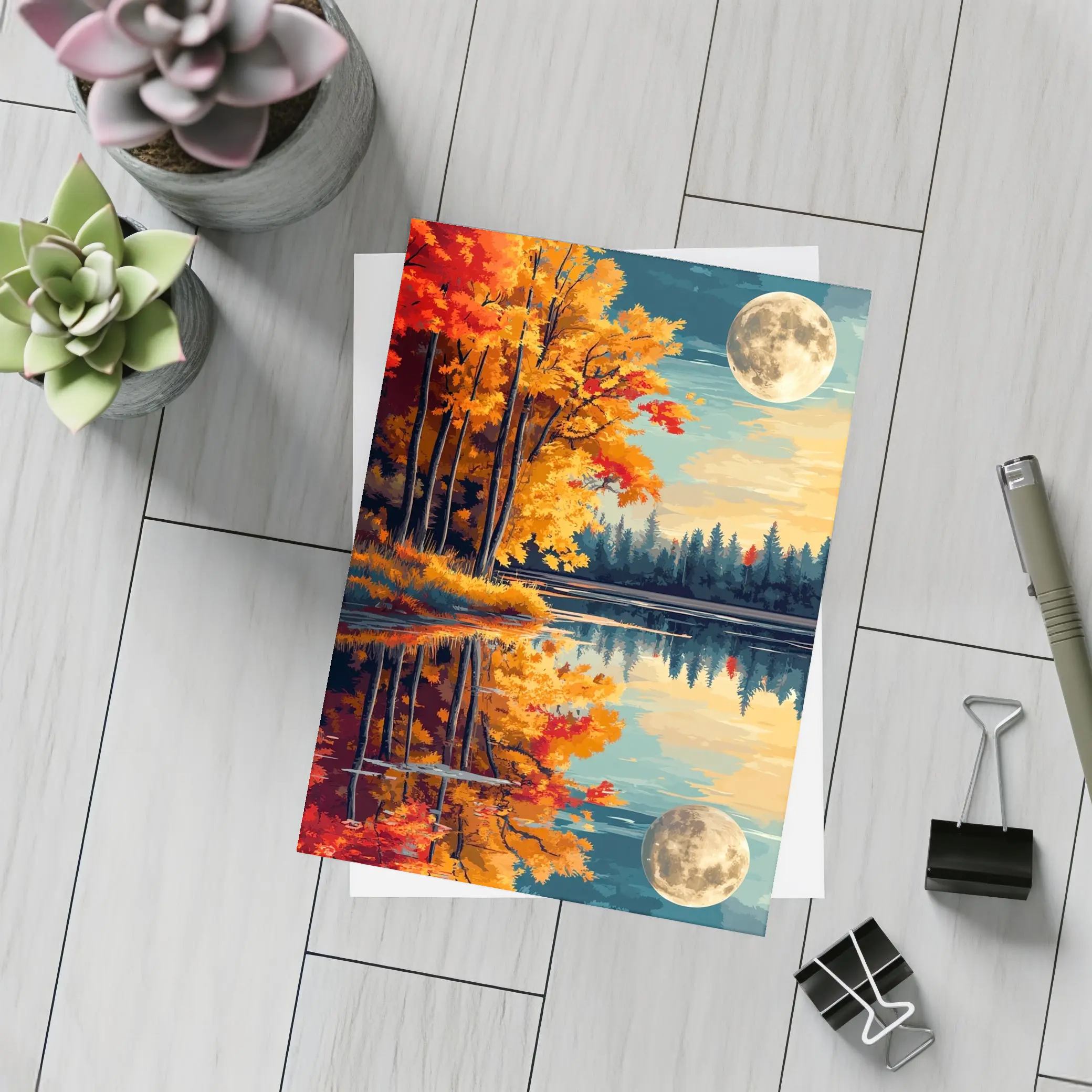 Autumn Lake Reflection Full Moon Night – Postcards
