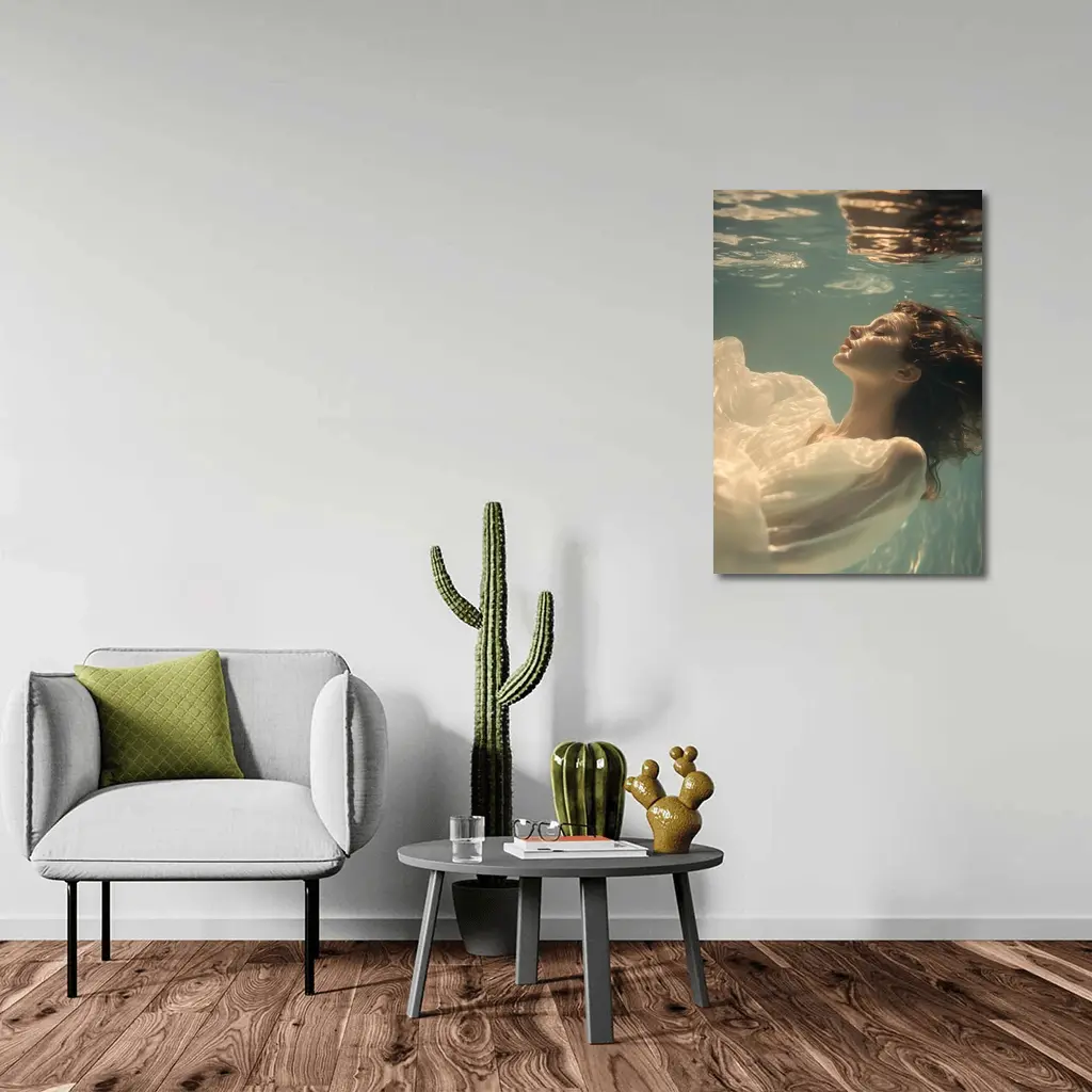 Woman Floating Underwater White Flowing Dress – Wall Art