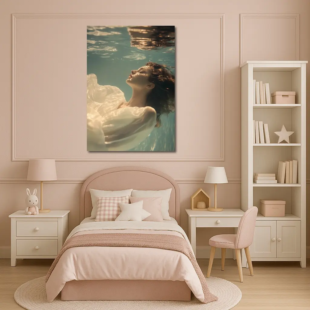 Woman Floating Underwater White Flowing Dress – Wall Art