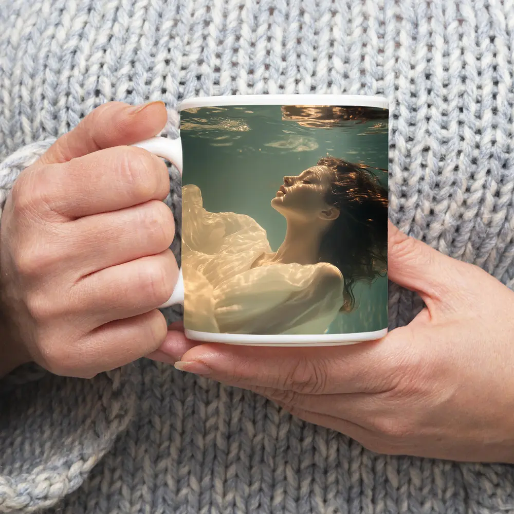 Woman Floating Underwater White Flowing Dress – Mugs