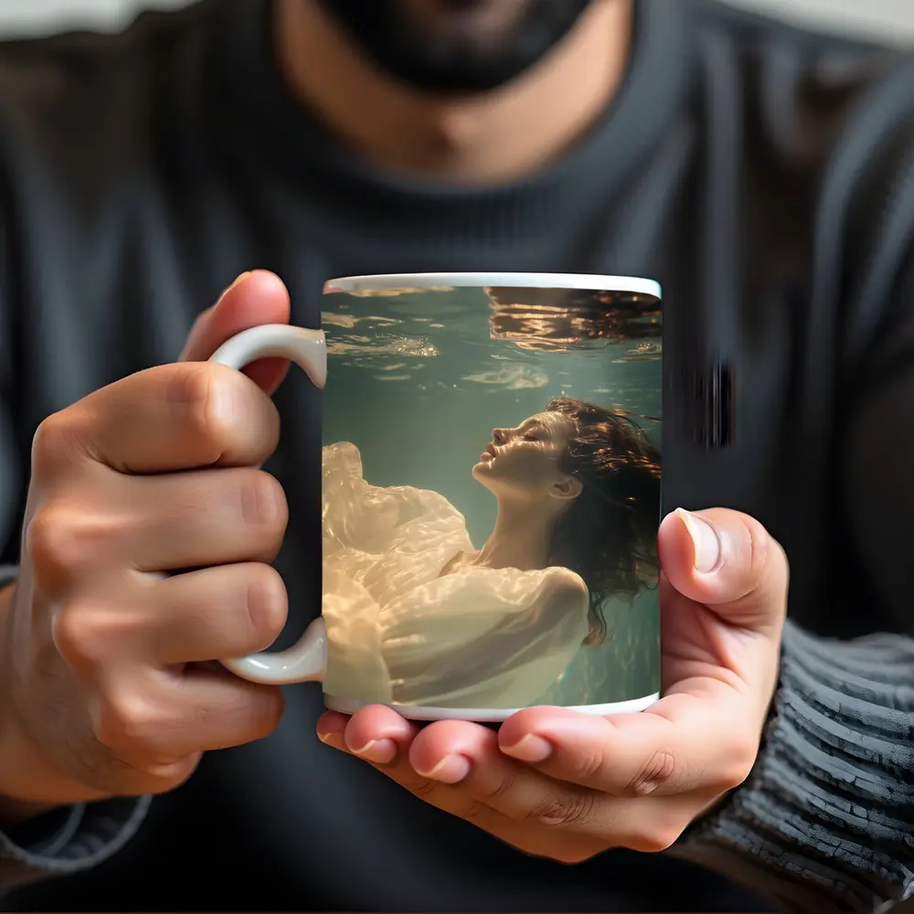 Woman Floating Underwater White Flowing Dress – Mugs