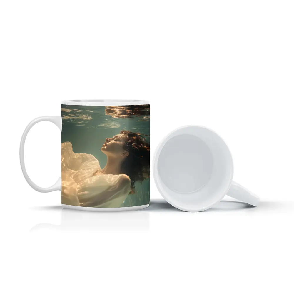 Woman Floating Underwater White Flowing Dress – Mugs