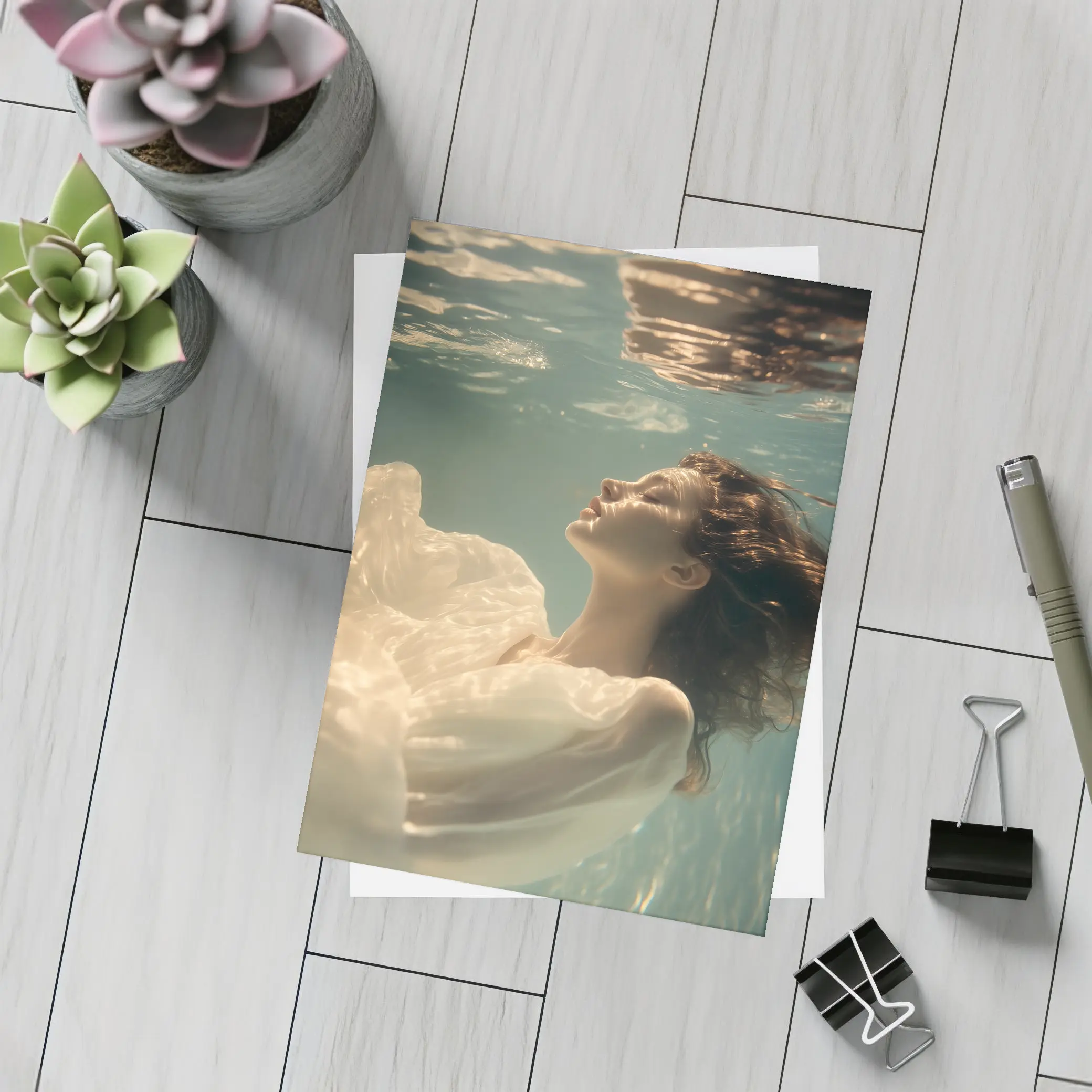 Woman Floating Underwater White Flowing Dress – Postcards