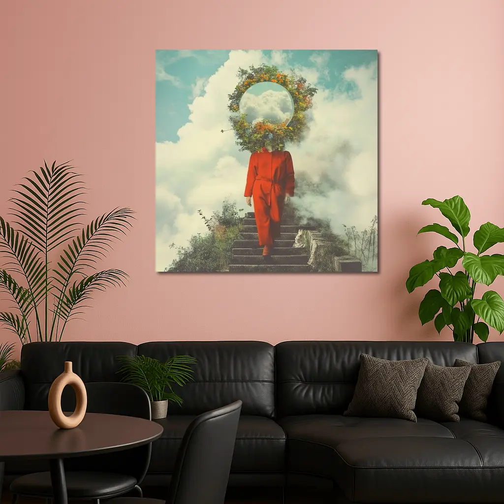 Surreal Figure Red Suit Floral Sky – Wall Art