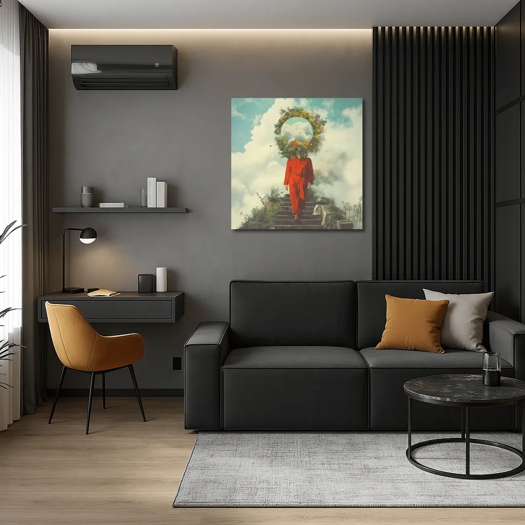 Surreal Figure Red Suit Floral Sky – Wall Art