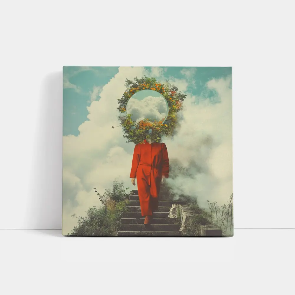 Surreal Figure Red Suit Floral Sky – Wall Art