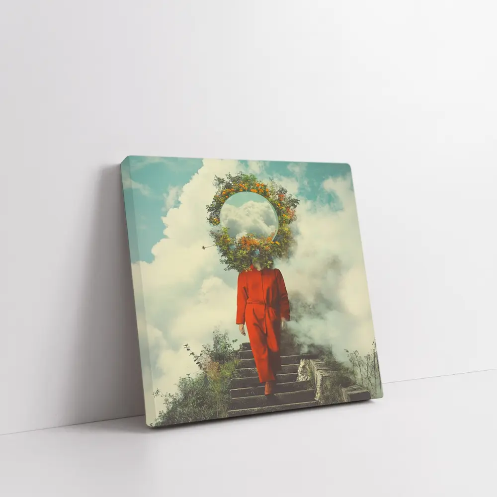 Surreal Figure Red Suit Floral Sky – Wall Art