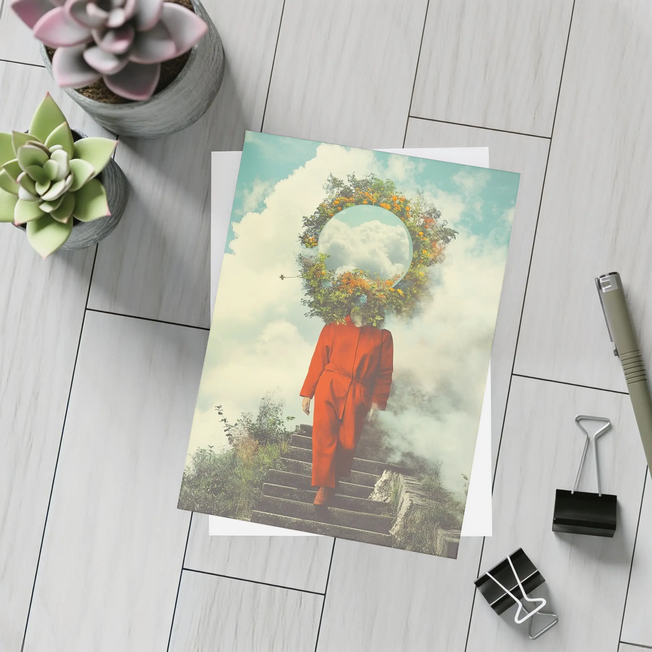 Surreal Figure Red Suit Floral Sky – Postcards