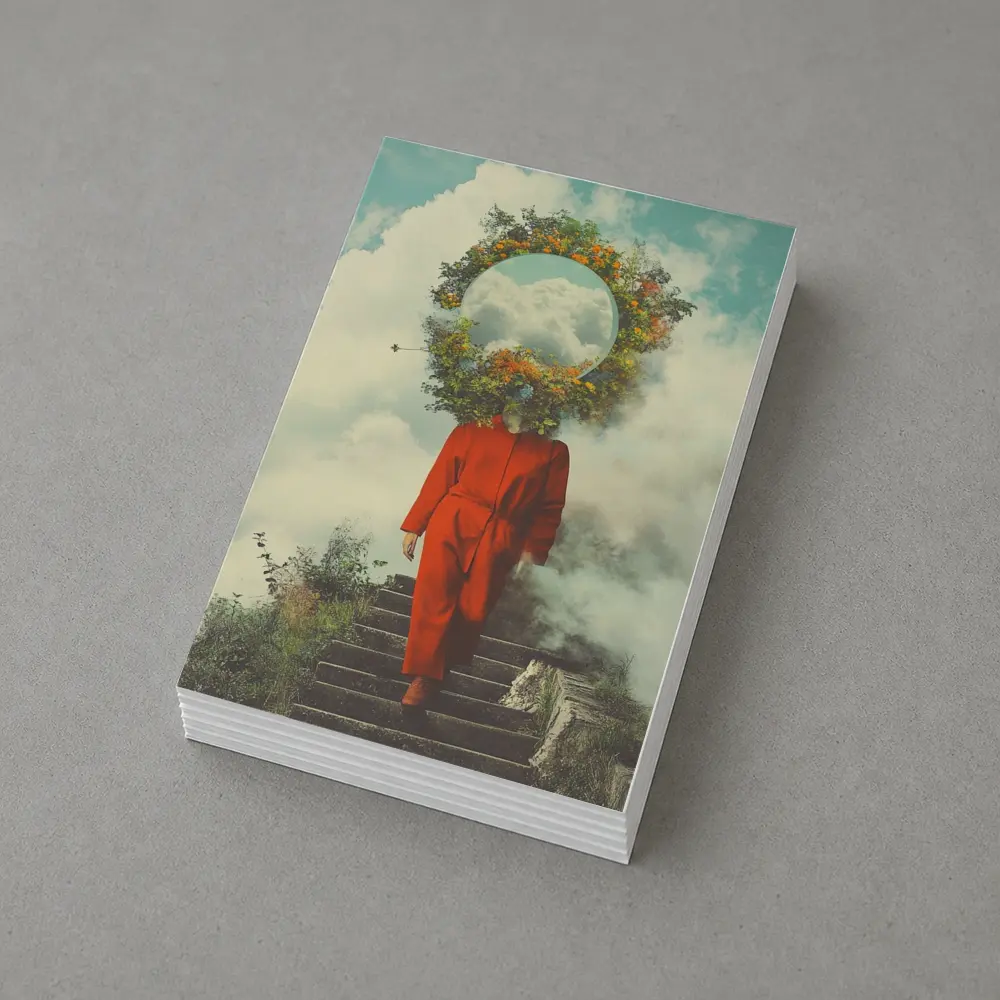 Surreal Figure Red Suit Floral Sky – Postcards