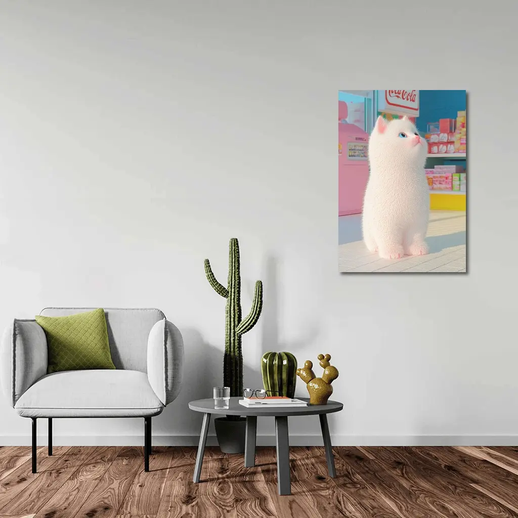 White Cat Cartoon Convenience Store Scene – Wall Art