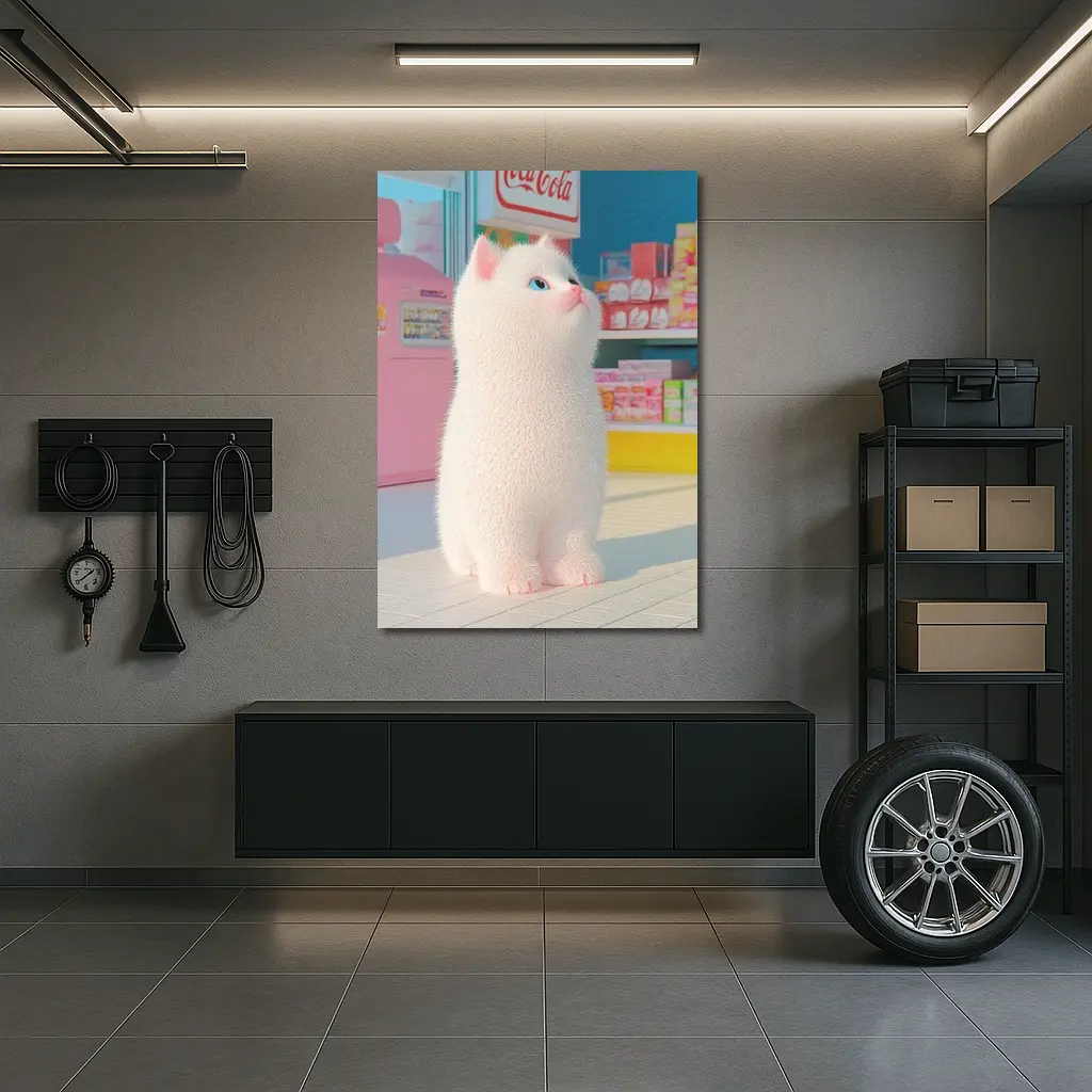 White Cat Cartoon Convenience Store Scene – Wall Art