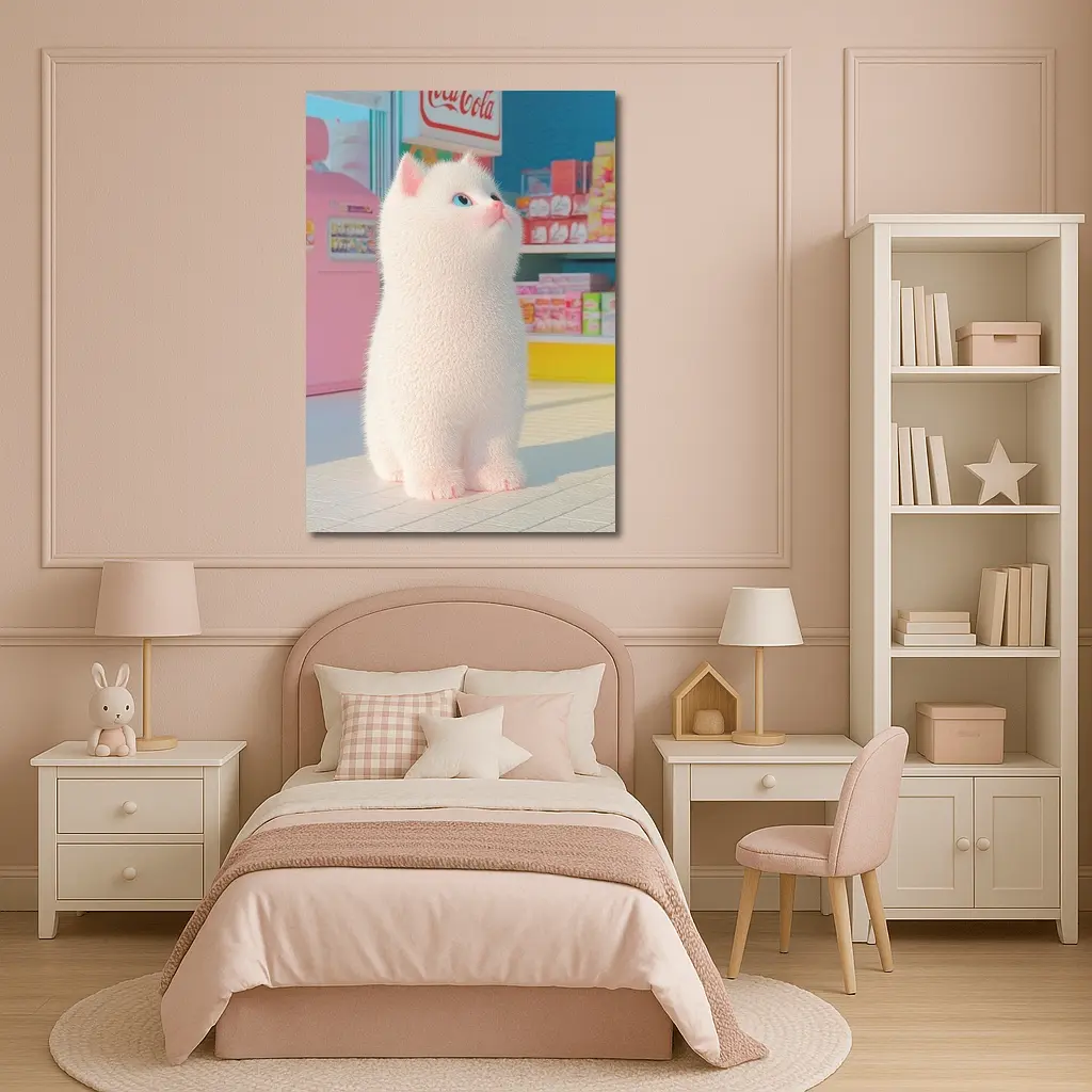 White Cat Cartoon Convenience Store Scene – Wall Art