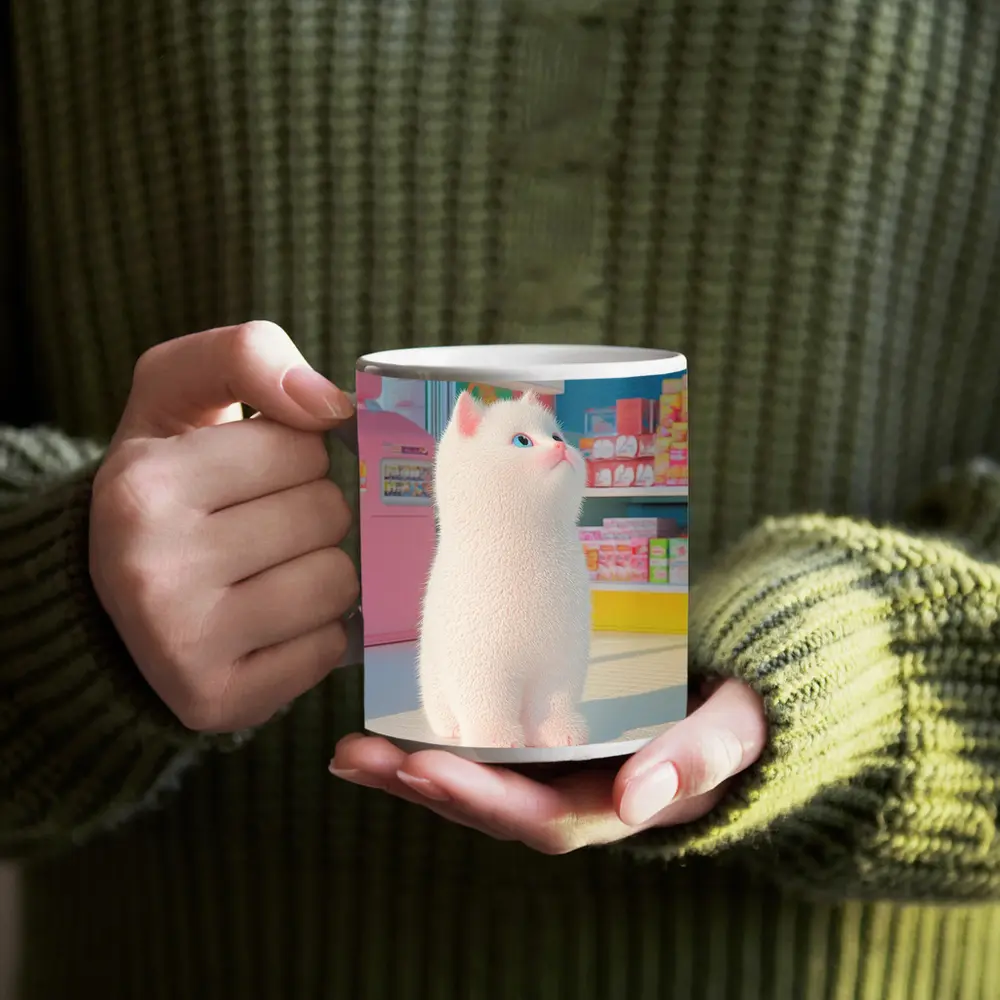 White Cat Cartoon Convenience Store Scene – Mugs