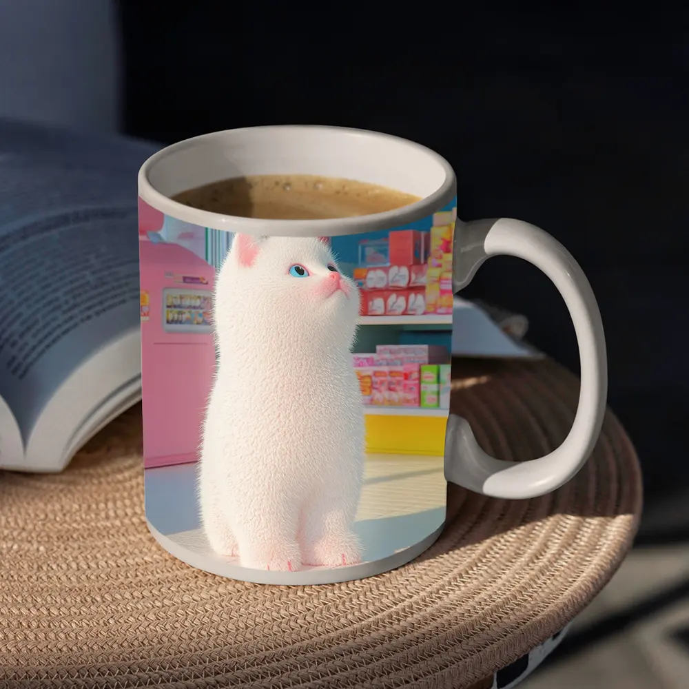 White Cat Cartoon Convenience Store Scene – Mugs