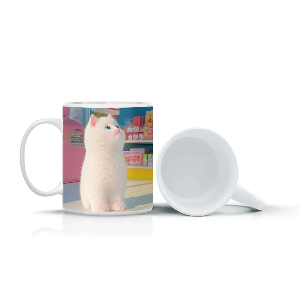 White Cat Cartoon Convenience Store Scene – Mugs