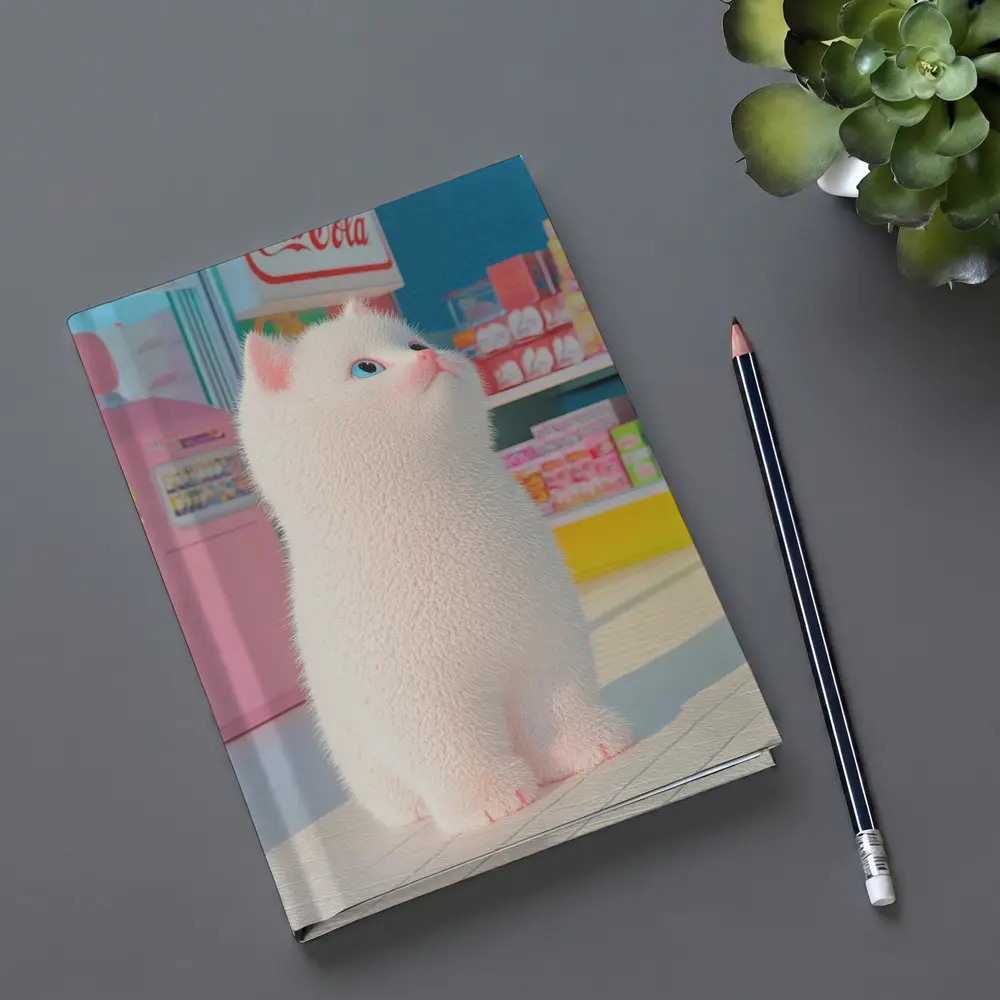 White Cat Cartoon Convenience Store Scene – Notebooks