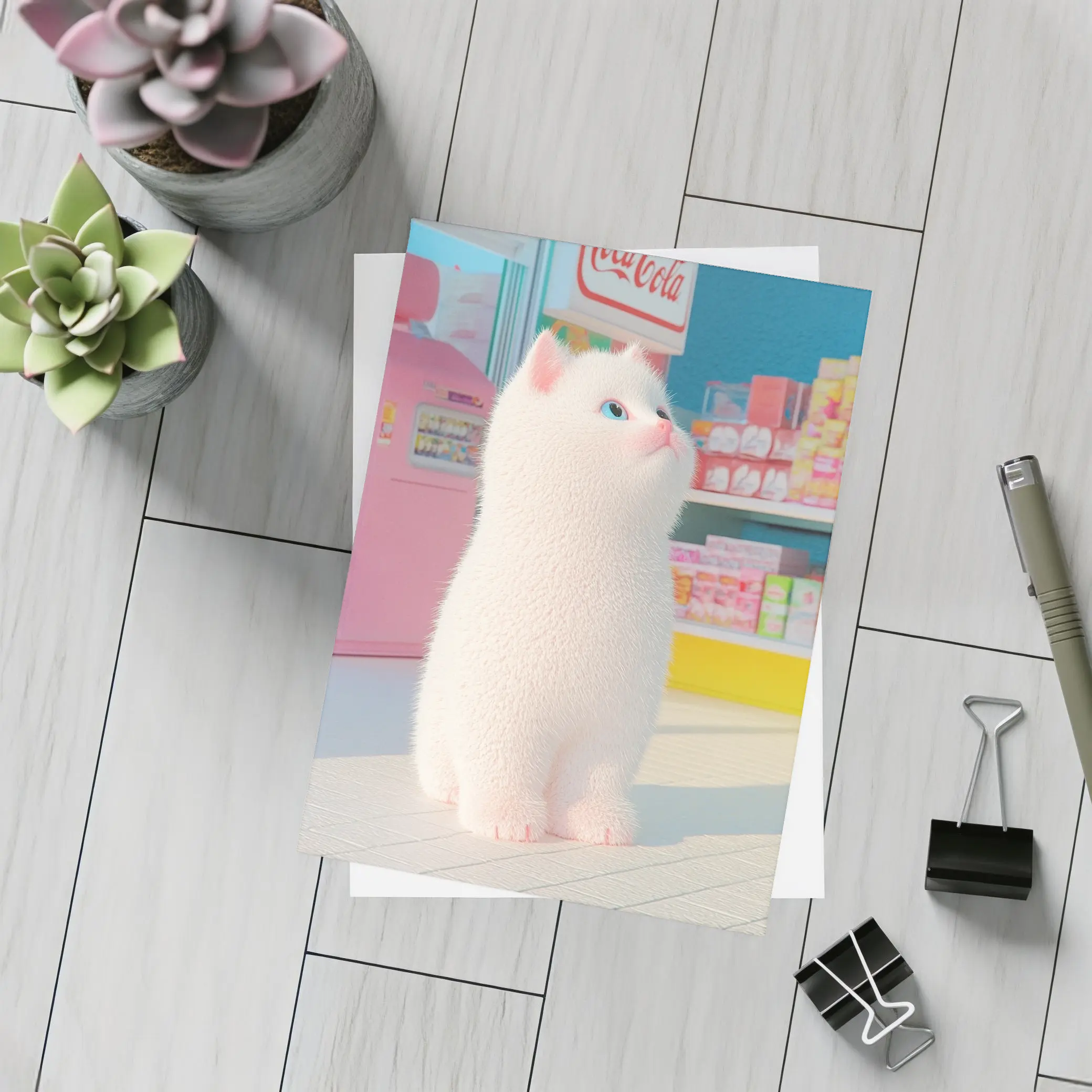 White Cat Cartoon Convenience Store Scene – Postcards