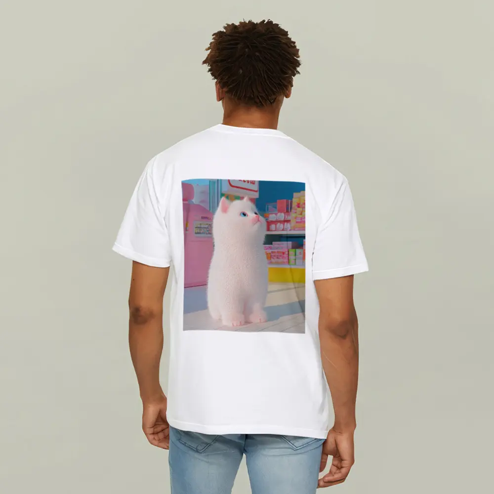 White Cat Cartoon Convenience Store Scene – T-Shirts