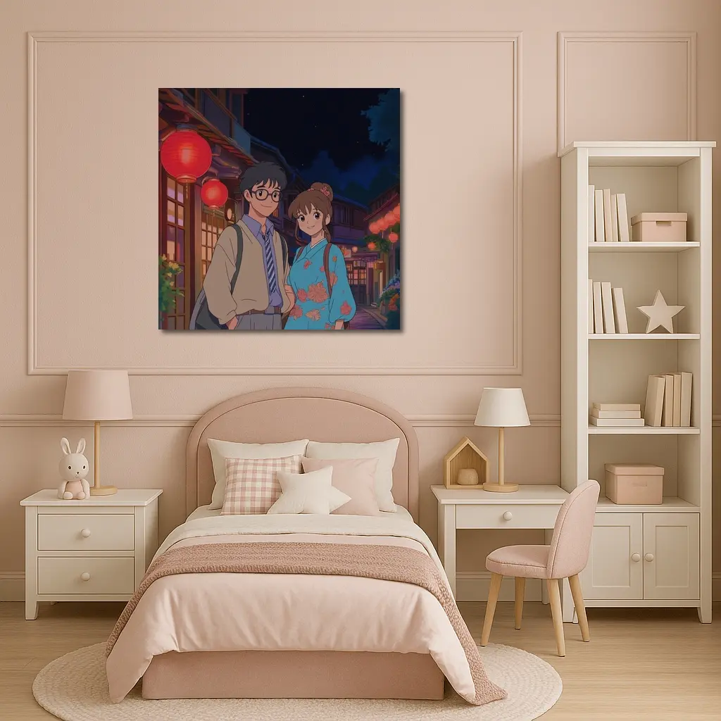 Anime Couple Night Street Red Lanterns – Wall Art