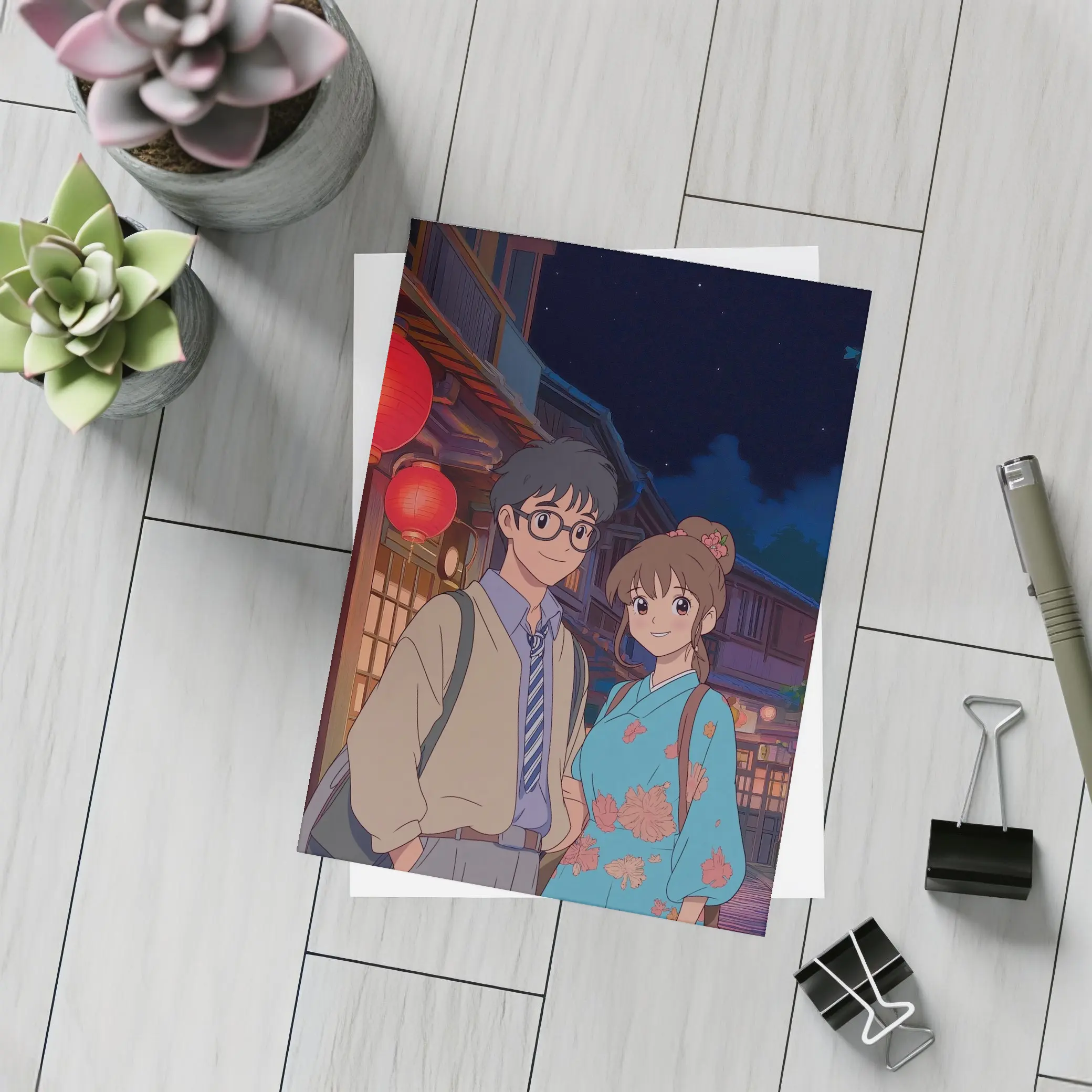 Anime Couple Night Street Red Lanterns – Postcards