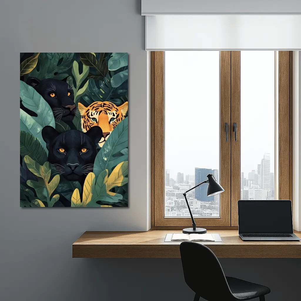 Black Panthers And Tiger In Jungle Leaves – Wall Art