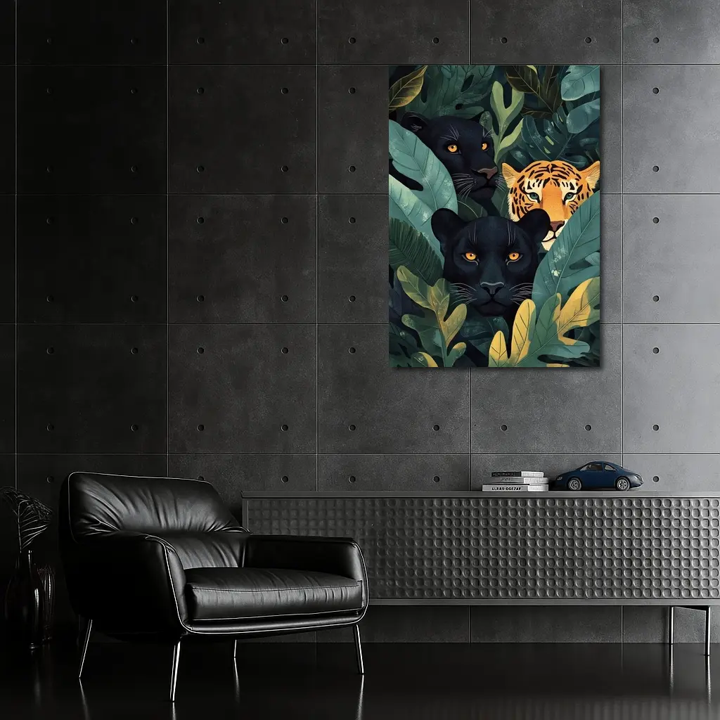 Black Panthers And Tiger In Jungle Leaves – Wall Art