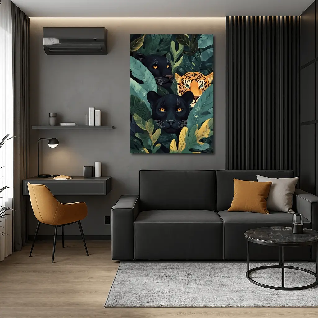 Black Panthers And Tiger In Jungle Leaves – Wall Art