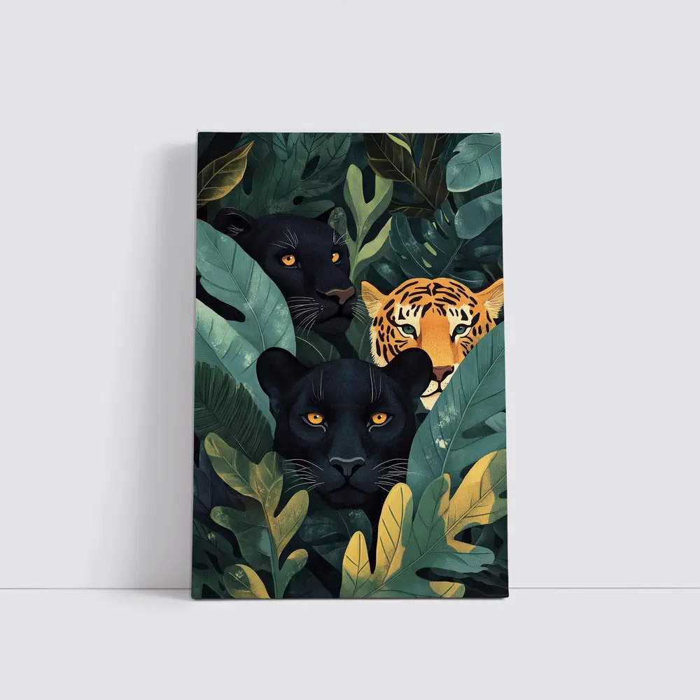 Black Panthers And Tiger In Jungle Leaves – Wall Art