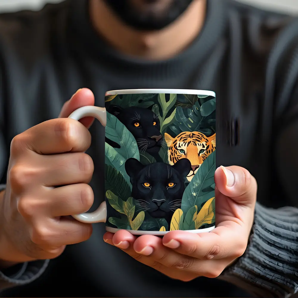Black Panthers And Tiger In Jungle Leaves – Mugs