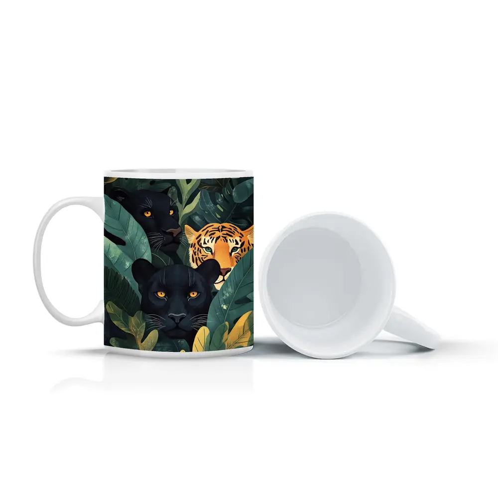 Black Panthers And Tiger In Jungle Leaves – Mugs
