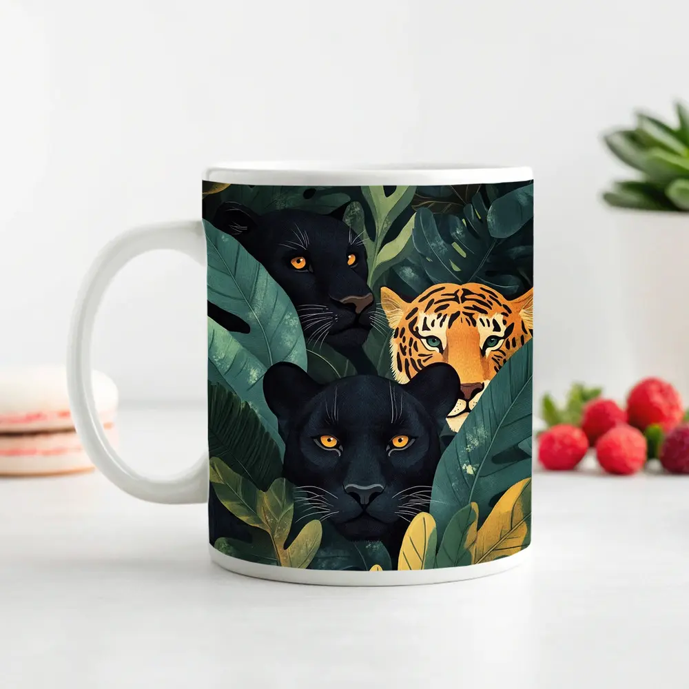 Black Panthers And Tiger In Jungle Leaves – Mugs