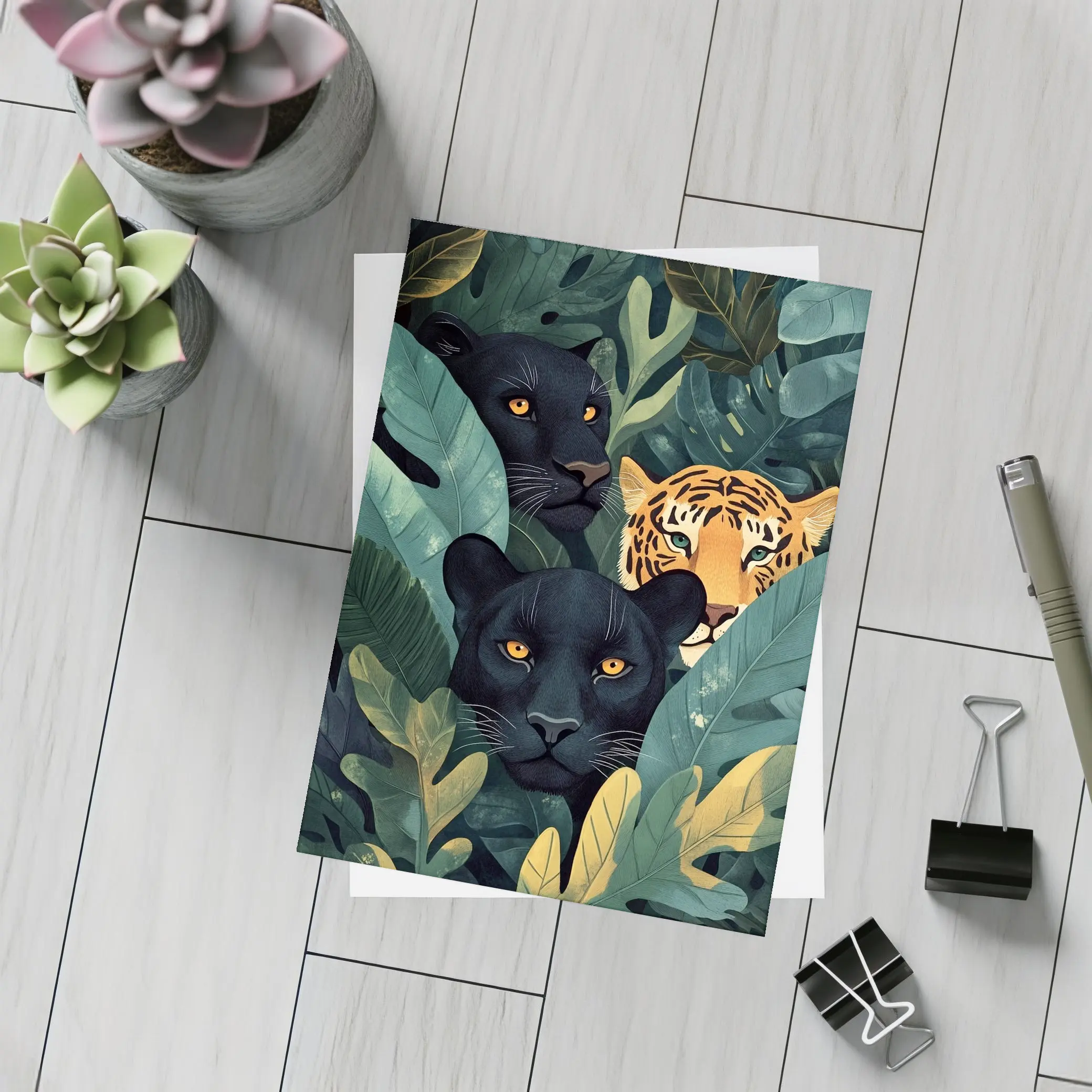 Black Panthers And Tiger In Jungle Leaves – Postcards