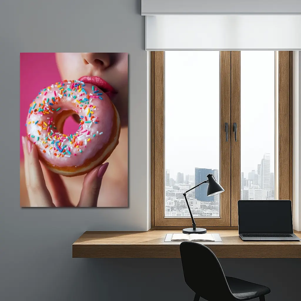 Woman Eating Pink Sprinkle Donut Pink Background – Wall Art