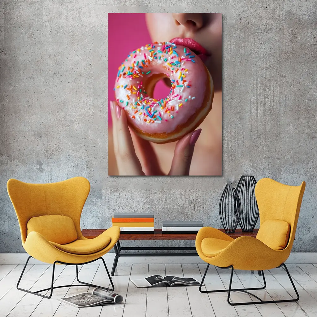 Woman Eating Pink Sprinkle Donut Pink Background – Wall Art