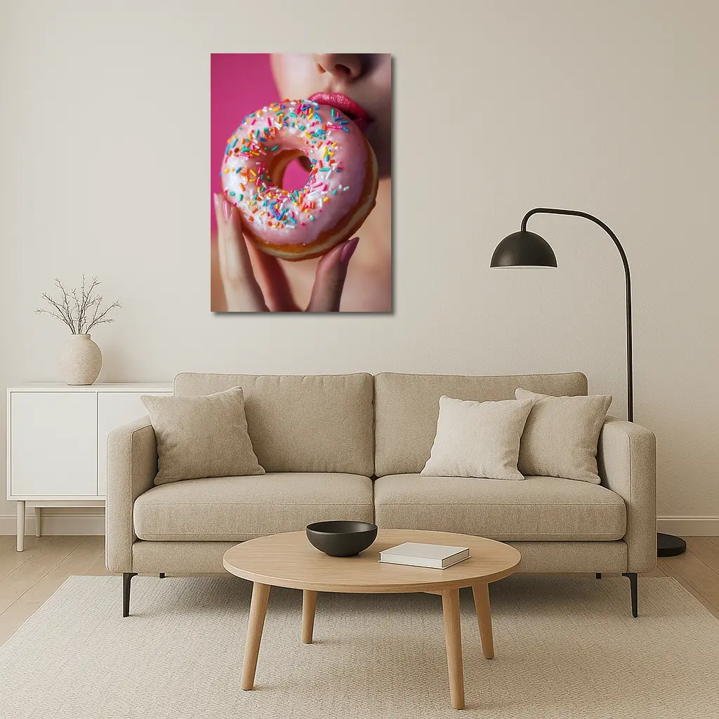 Woman Eating Pink Sprinkle Donut Pink Background – Wall Art