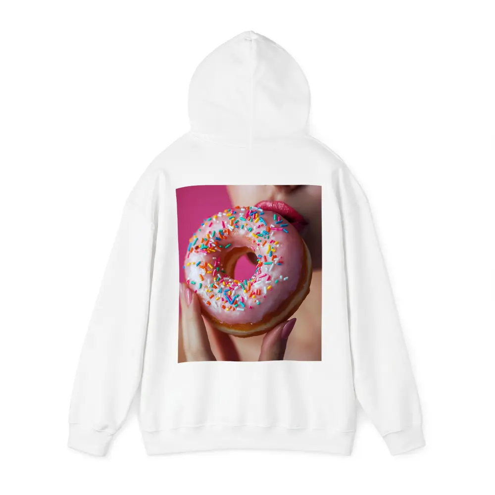 Woman Eating Pink Sprinkle Donut Pink Background – Hoodies